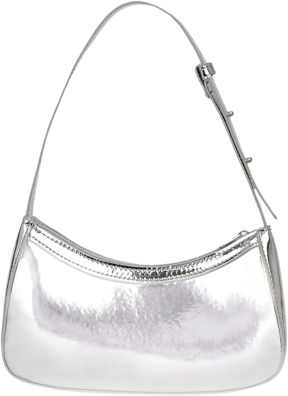 OYOANGLE Girl's Metallic Patent Leather Shoulder Bags Zipper Top Handle Clutch Purse Handbags Y2K Hobo Bags Silver One-Size