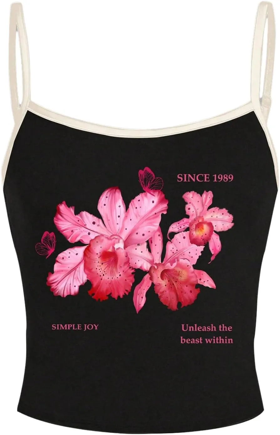 OYOANGLE Women's Floral Print Y2K Camisoles Spaghetti Strap Slim Fit Crop Tank Tops