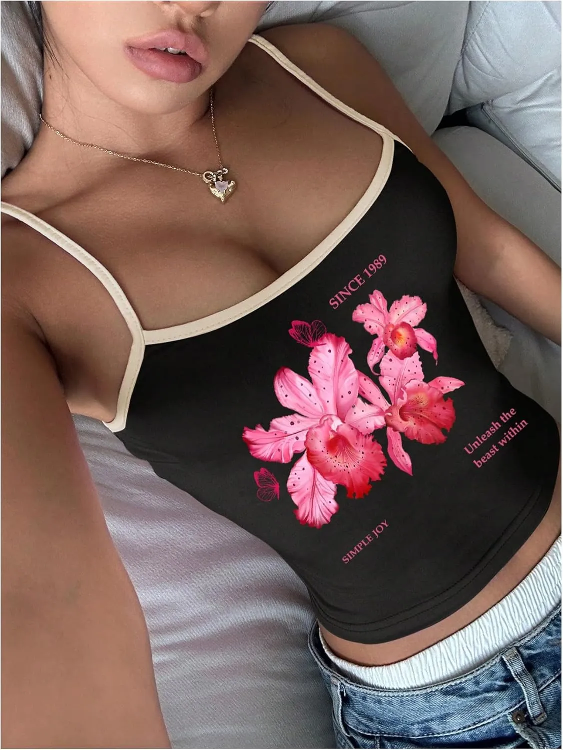 OYOANGLE Women's Floral Print Y2K Camisoles Spaghetti Strap Slim Fit Crop Tank Tops