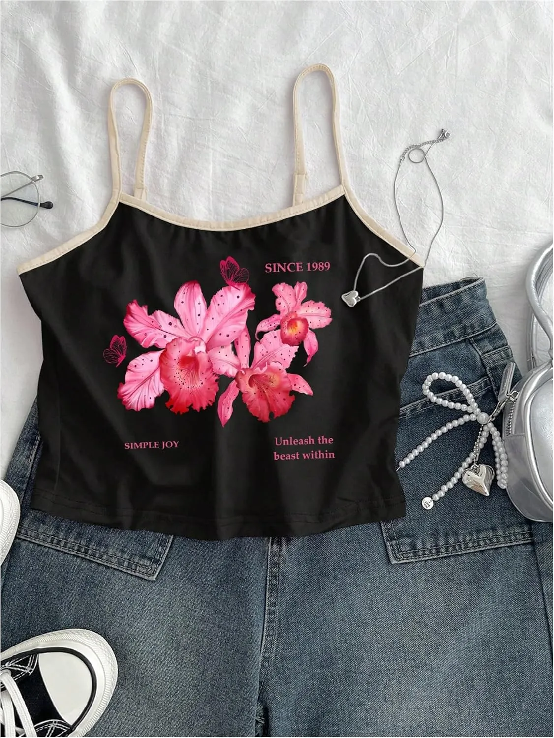 OYOANGLE Women's Floral Print Y2K Camisoles Spaghetti Strap Slim Fit Crop Tank Tops