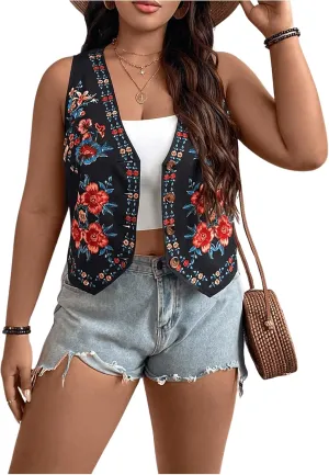 OYOANGLE Women's Plus Size Floral Embroidered Open Front Vintage Vest Sleeveless V Neck Cardigan Waistcoat