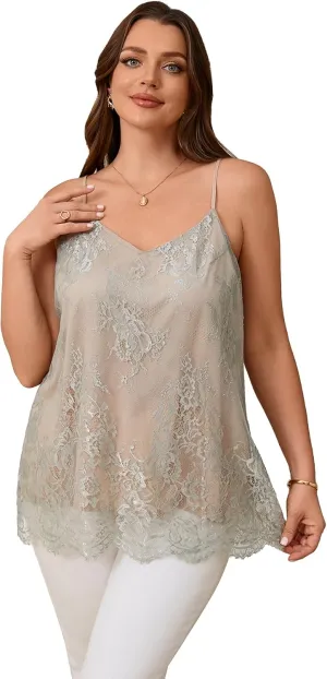 OYOANGLE Women's Plus Size Floral Lace Up Camisoles Double Layers V Neck Spaghetti Strap Loose Tunic Cami Tops