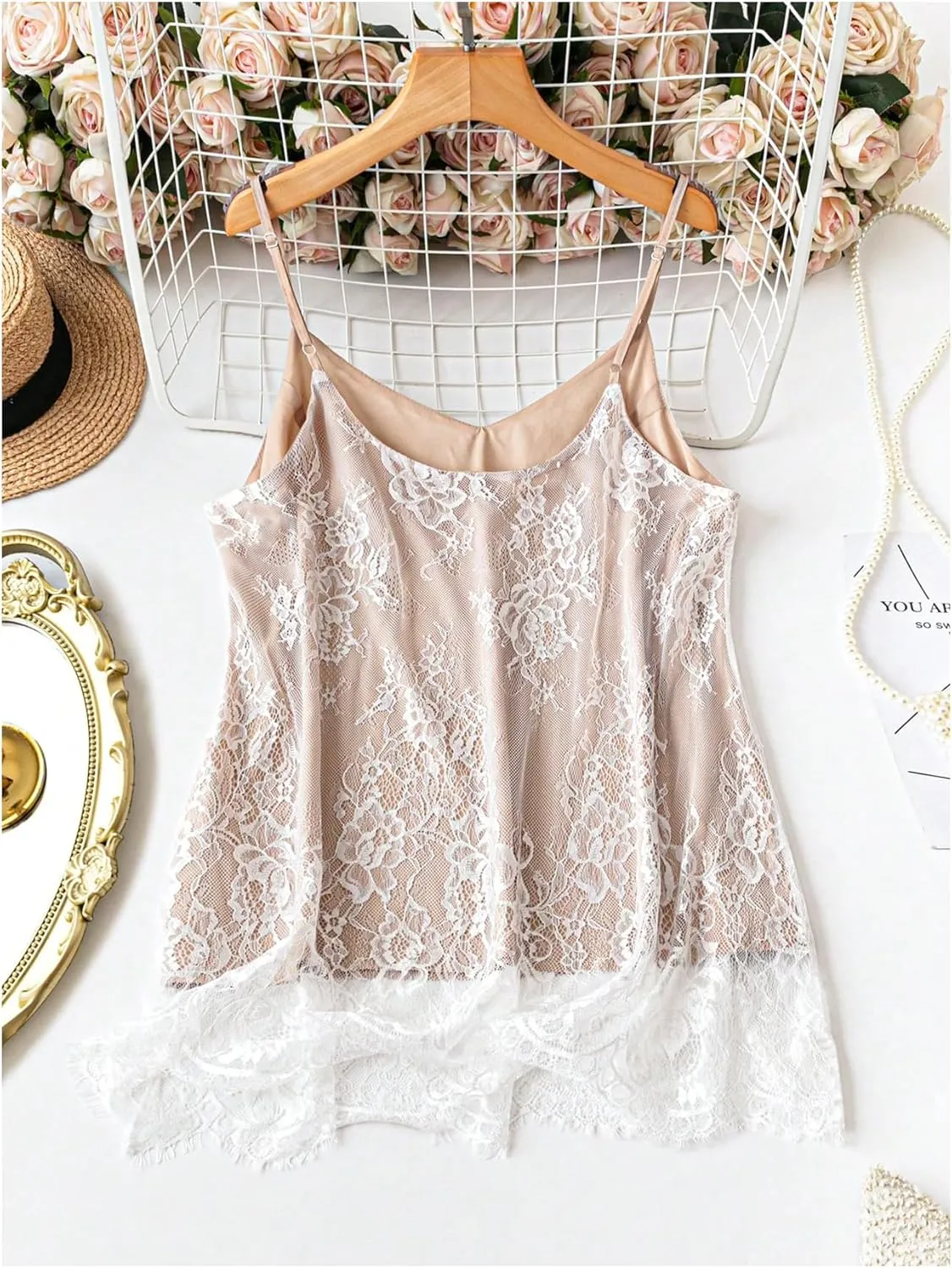 OYOANGLE Women's Plus Size Floral Lace Up Camisoles Double Layers V Neck Spaghetti Strap Loose Tunic Cami Tops
