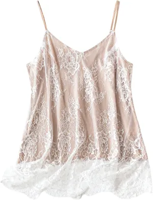 OYOANGLE Women's Plus Size Floral Lace Up Camisoles Double Layers V Neck Spaghetti Strap Loose Tunic Cami Tops