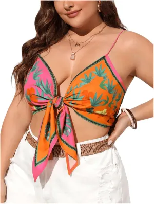 OYOANGLE Women's Plus Size Floral Print Tie Front Boho Camisoles Spaghetti Strap V Neck Backless Cami Crop Tops