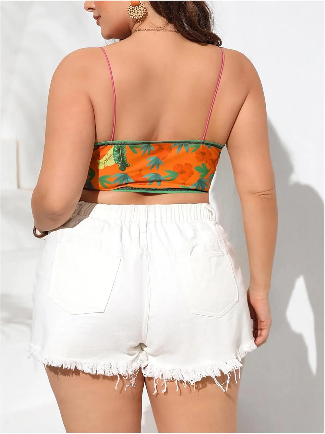 OYOANGLE Women's Plus Size Floral Print Tie Front Boho Camisoles Spaghetti Strap V Neck Backless Cami Crop Tops