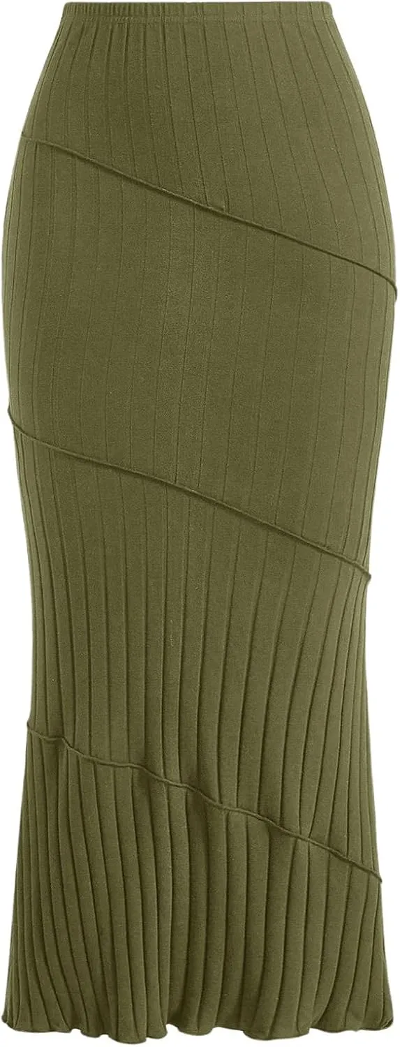 OYOANGLE Women's Plus Size Pleated Lettuce Hem Skirts Ribbed Knit Solid Slim Fit Long Skirt