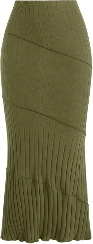 OYOANGLE Women's Plus Size Pleated Lettuce Hem Skirts Ribbed Knit Solid Slim Fit Long Skirt