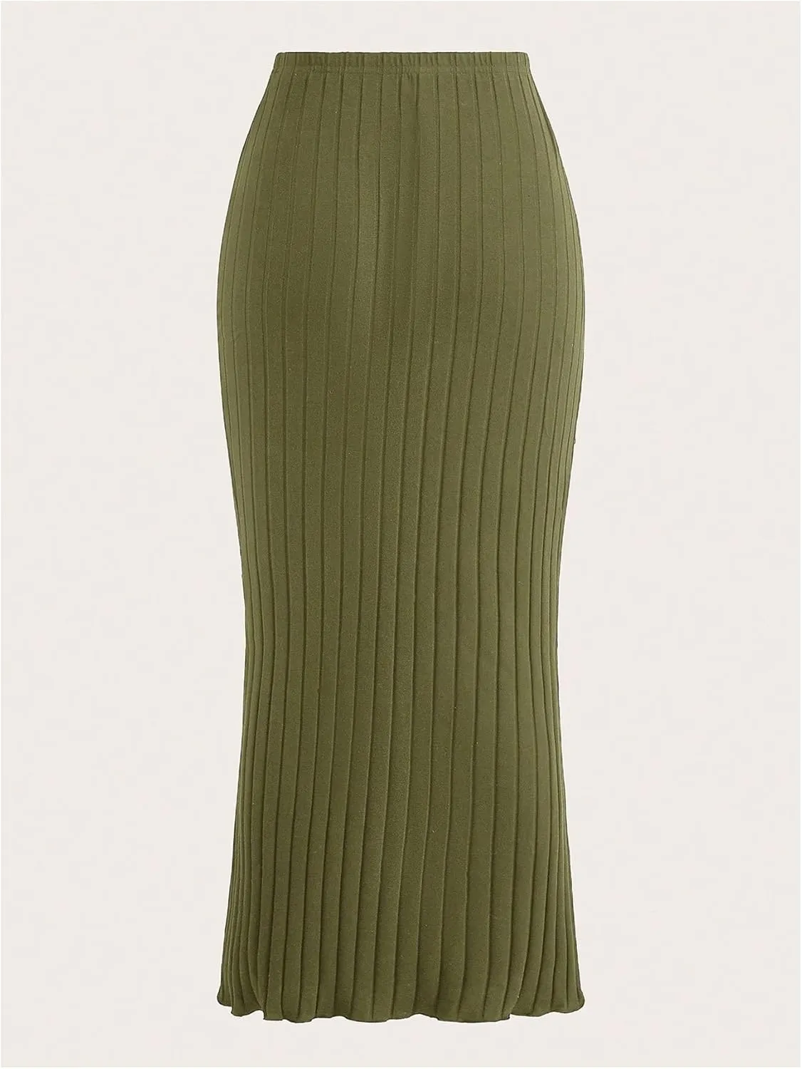 OYOANGLE Women's Plus Size Pleated Lettuce Hem Skirts Ribbed Knit Solid Slim Fit Long Skirt