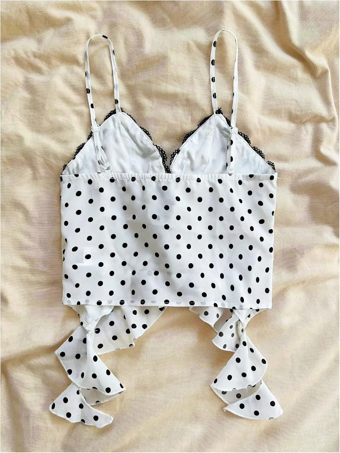 OYOANGLE Women's Polka Dots Contrast Lace V Neck Sleeveless Cami Tops Ruffle Trim Tie Front Crop Camisoles