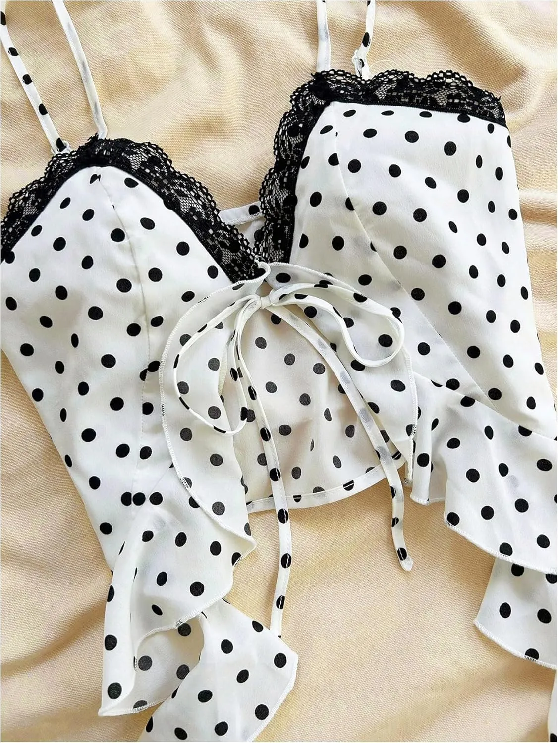 OYOANGLE Women's Polka Dots Contrast Lace V Neck Sleeveless Cami Tops Ruffle Trim Tie Front Crop Camisoles