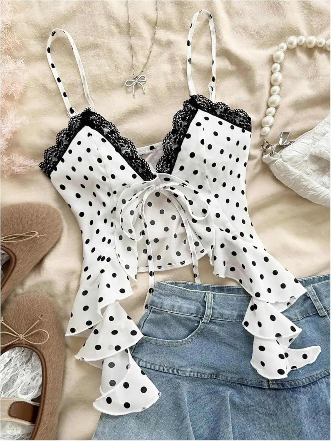 OYOANGLE Women's Polka Dots Contrast Lace V Neck Sleeveless Cami Tops Ruffle Trim Tie Front Crop Camisoles