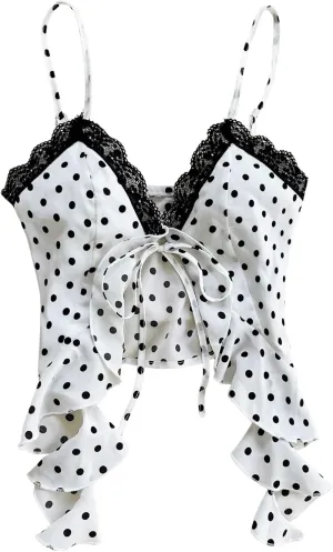 OYOANGLE Women's Polka Dots Contrast Lace V Neck Sleeveless Cami Tops Ruffle Trim Tie Front Crop Camisoles