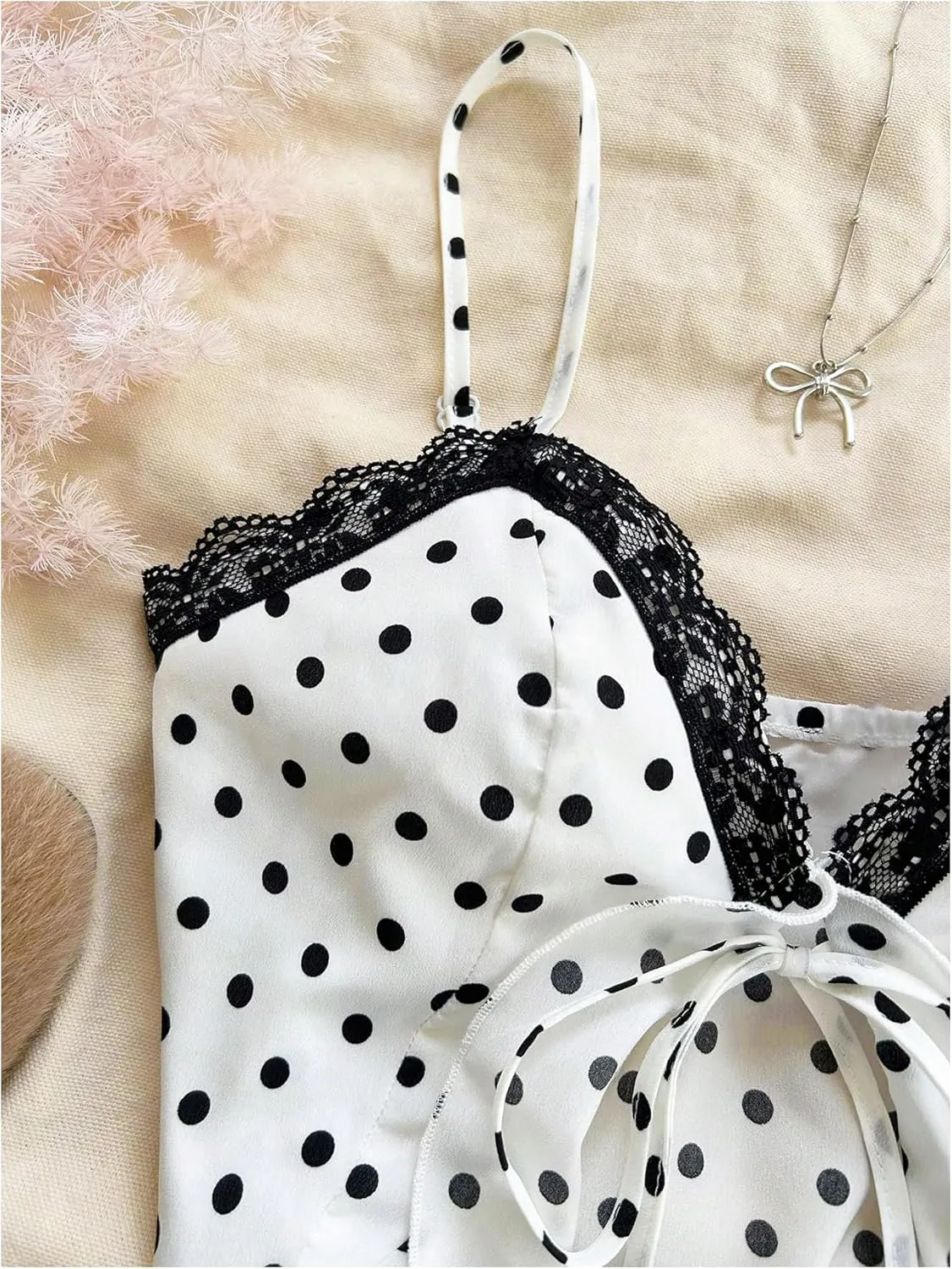 OYOANGLE Women's Polka Dots Contrast Lace V Neck Sleeveless Cami Tops Ruffle Trim Tie Front Crop Camisoles