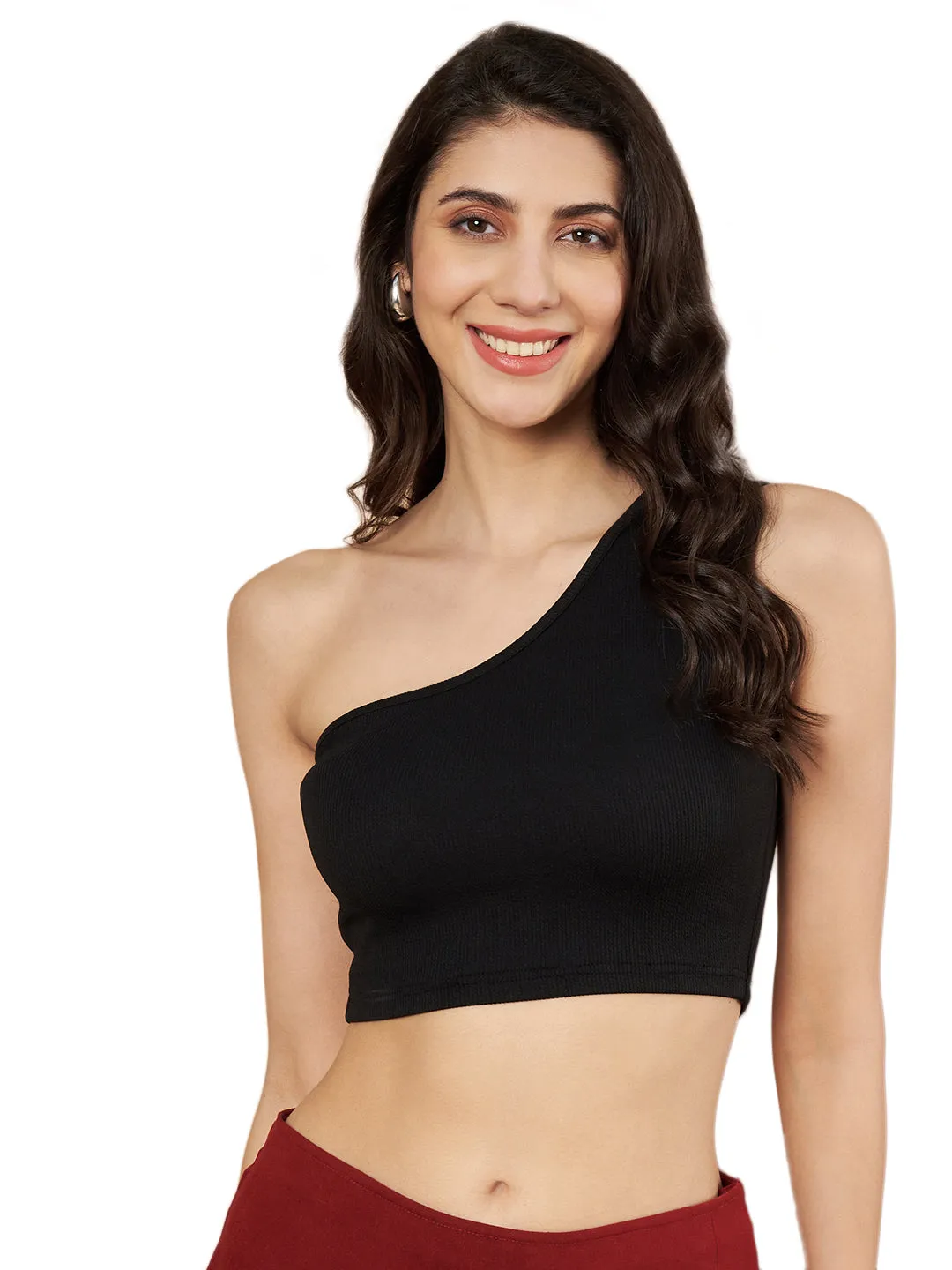 Party One Shoulder Sleeves Solid Women Black Top