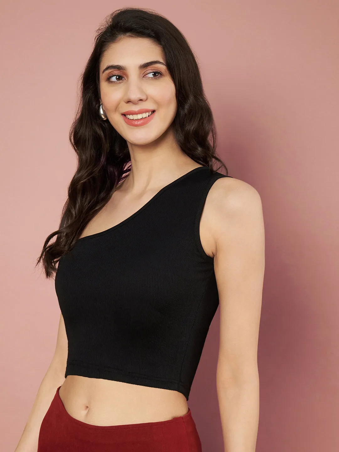 Party One Shoulder Sleeves Solid Women Black Top