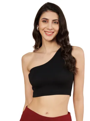 Party One Shoulder Sleeves Solid Women Black Top