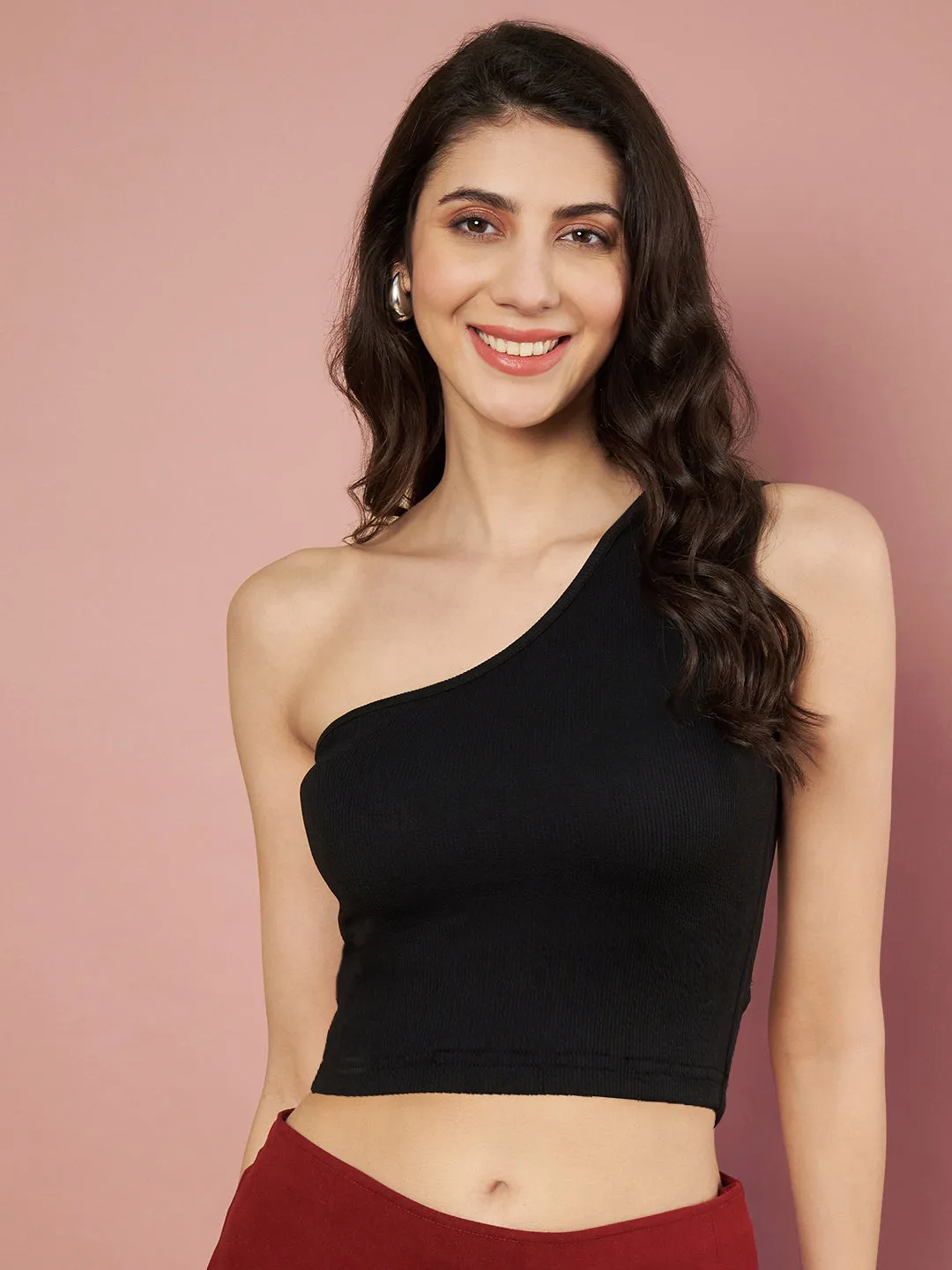 Party One Shoulder Sleeves Solid Women Black Top