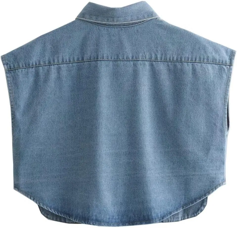 Perbai Womens Cropped Button Down Shirt Summer Collared Sleeveless Loose Denim Top with Pockets