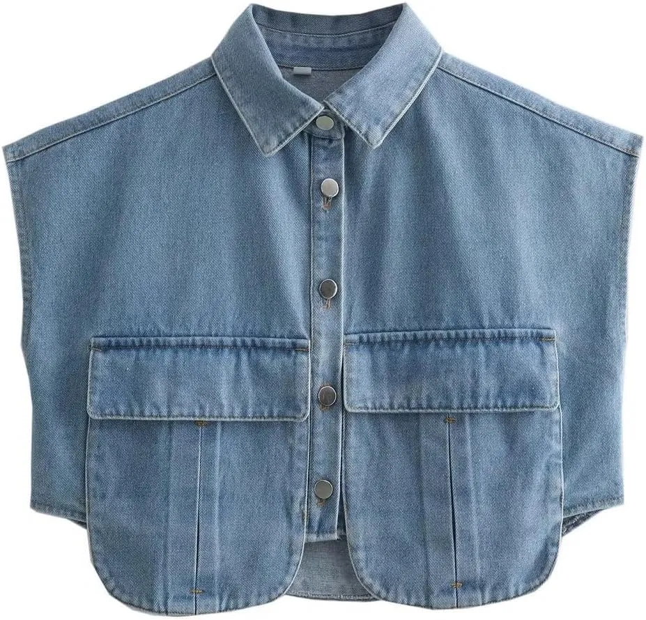 Perbai Womens Cropped Button Down Shirt Summer Collared Sleeveless Loose Denim Top with Pockets