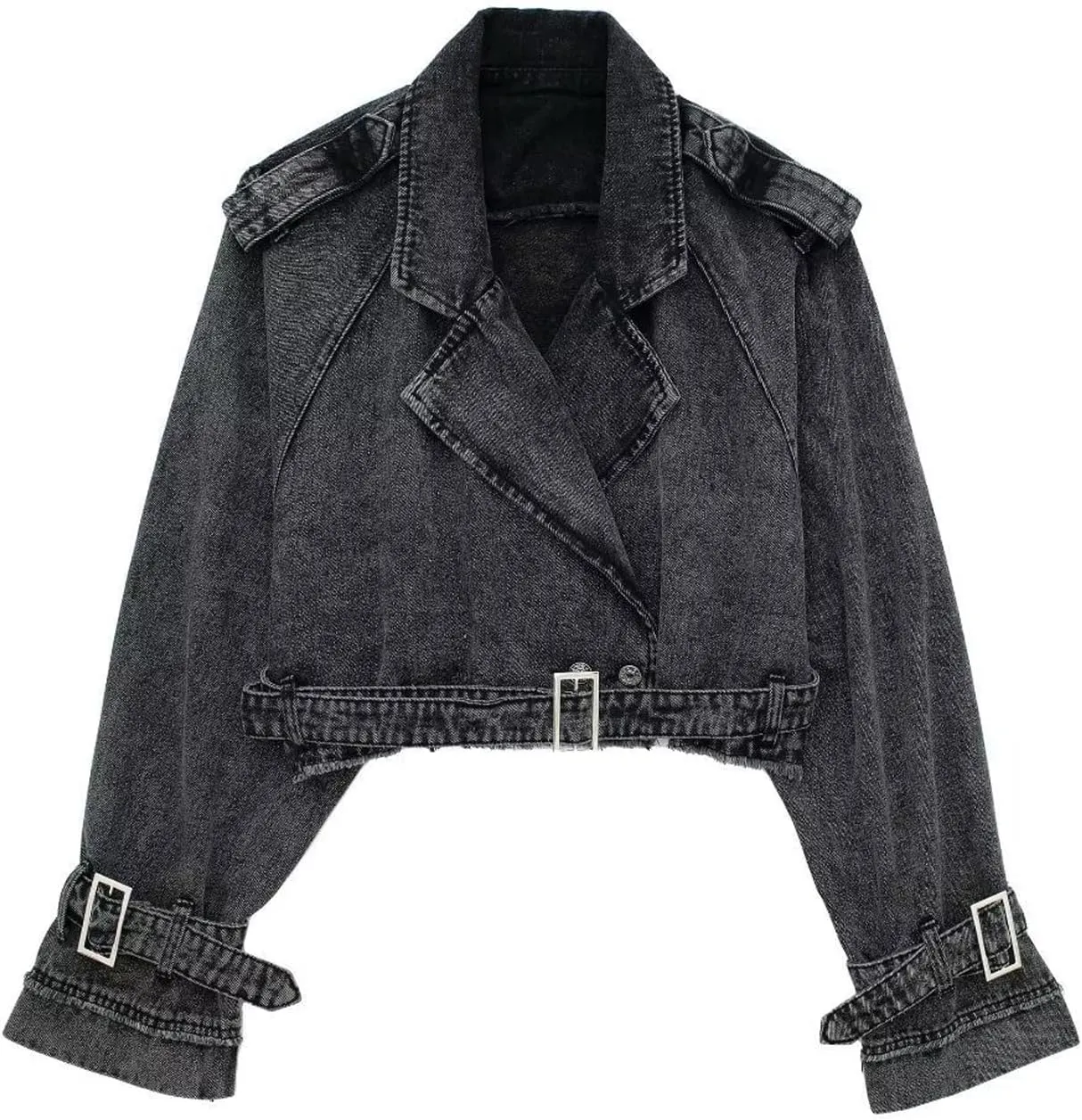 Perbai Womens Cropped Trench Coat Lapel Double Breasted Short Denim Peacoat Trucker Jacket with Belt