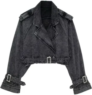 Perbai Womens Cropped Trench Coat Lapel Double Breasted Short Denim Peacoat Trucker Jacket with Belt