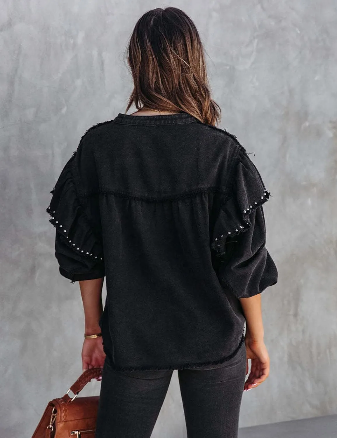 Perbai Womens Oversized Studded Rivet Long Sleeve Ruffle Collarless Button Down Denim Jacket