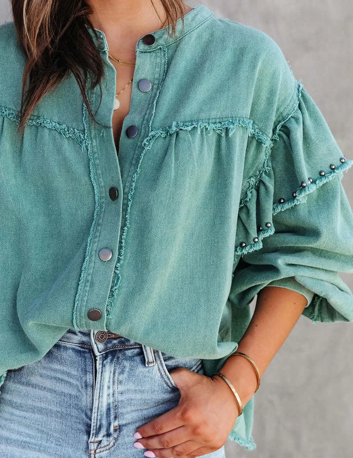 Perbai Womens Oversized Studded Rivet Long Sleeve Ruffle Collarless Button Down Denim Jacket