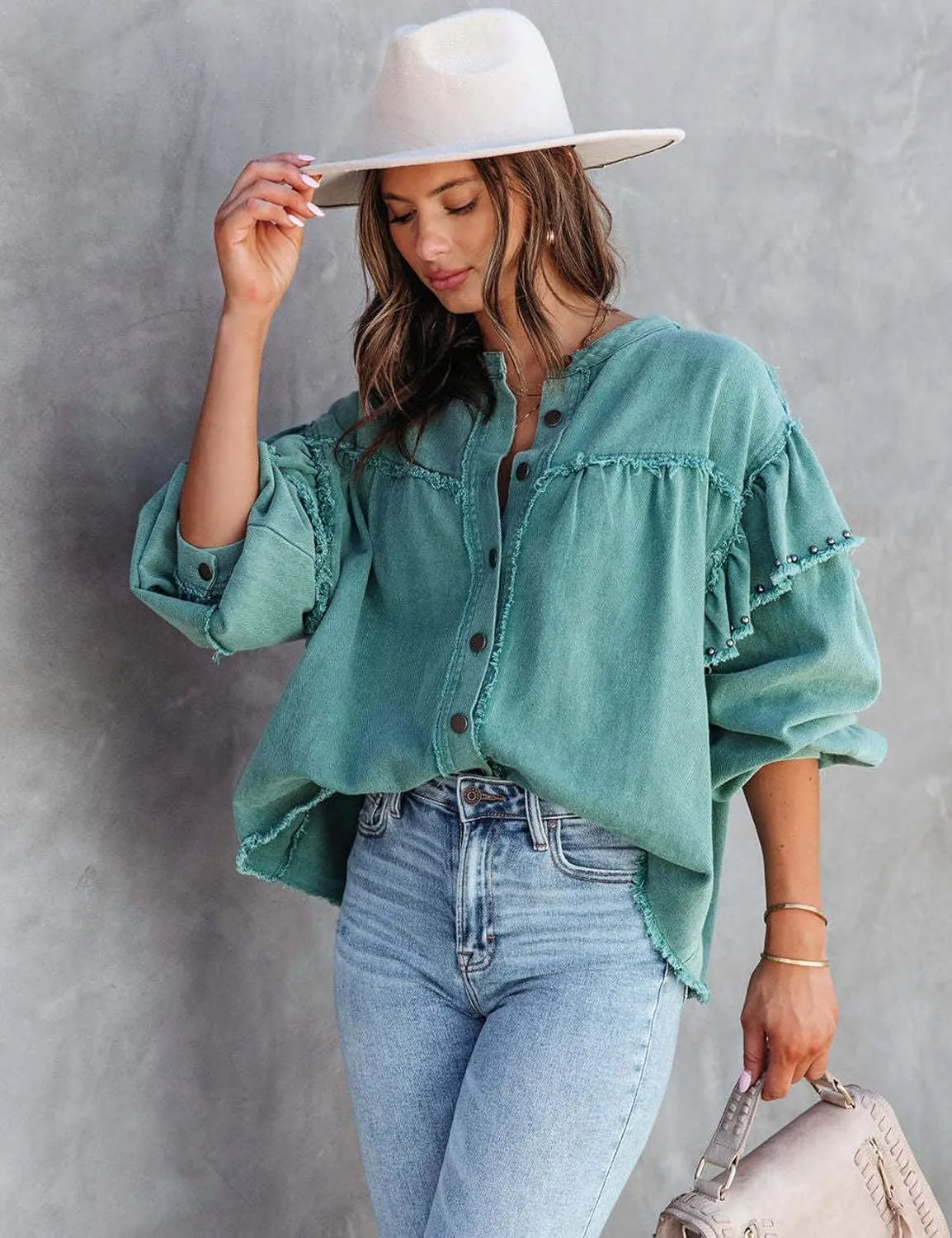 Perbai Womens Oversized Studded Rivet Long Sleeve Ruffle Collarless Button Down Denim Jacket