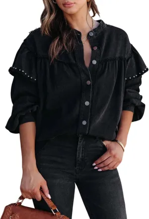 Perbai Womens Oversized Studded Rivet Long Sleeve Ruffle Collarless Button Down Denim Jacket