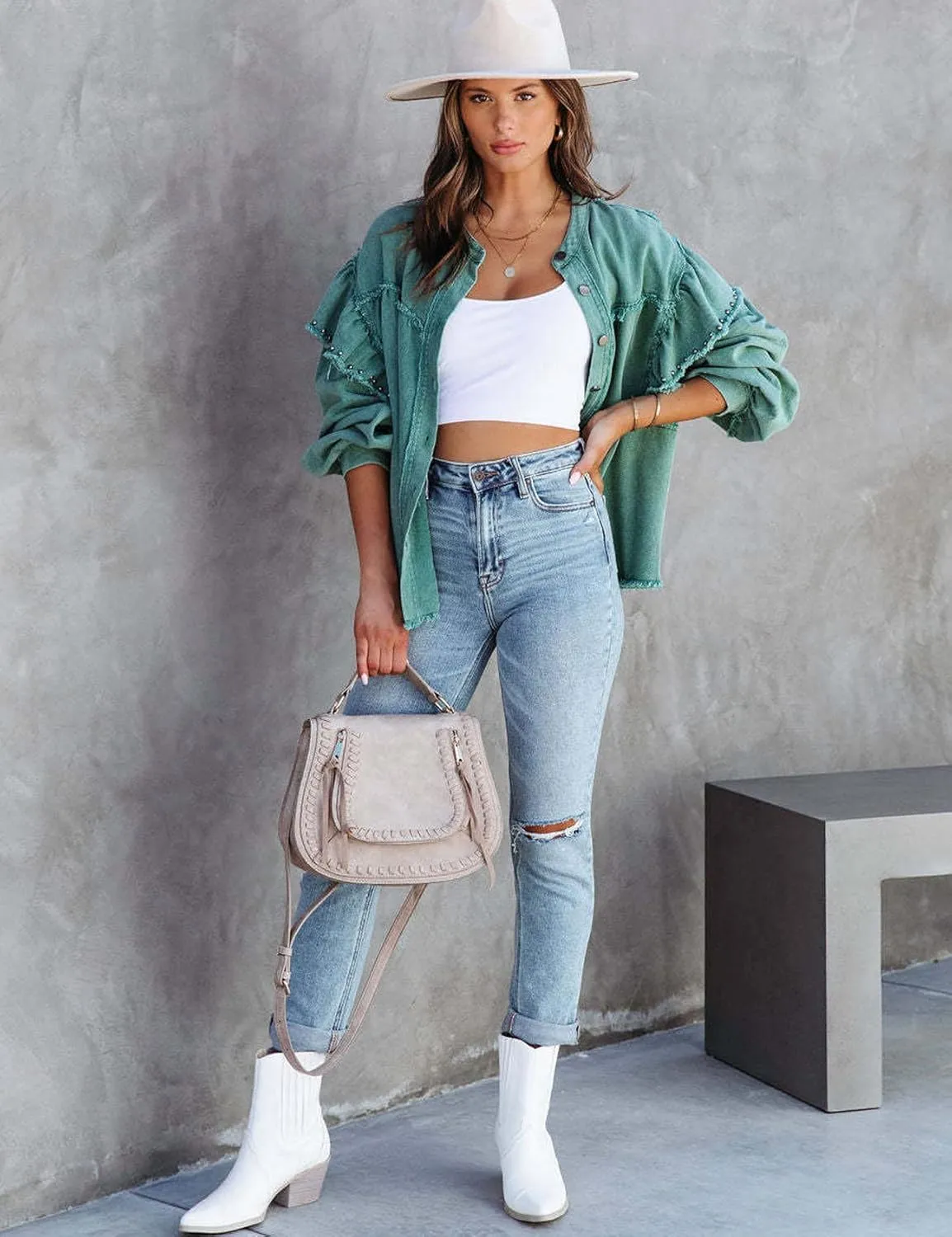 Perbai Womens Oversized Studded Rivet Long Sleeve Ruffle Collarless Button Down Denim Jacket