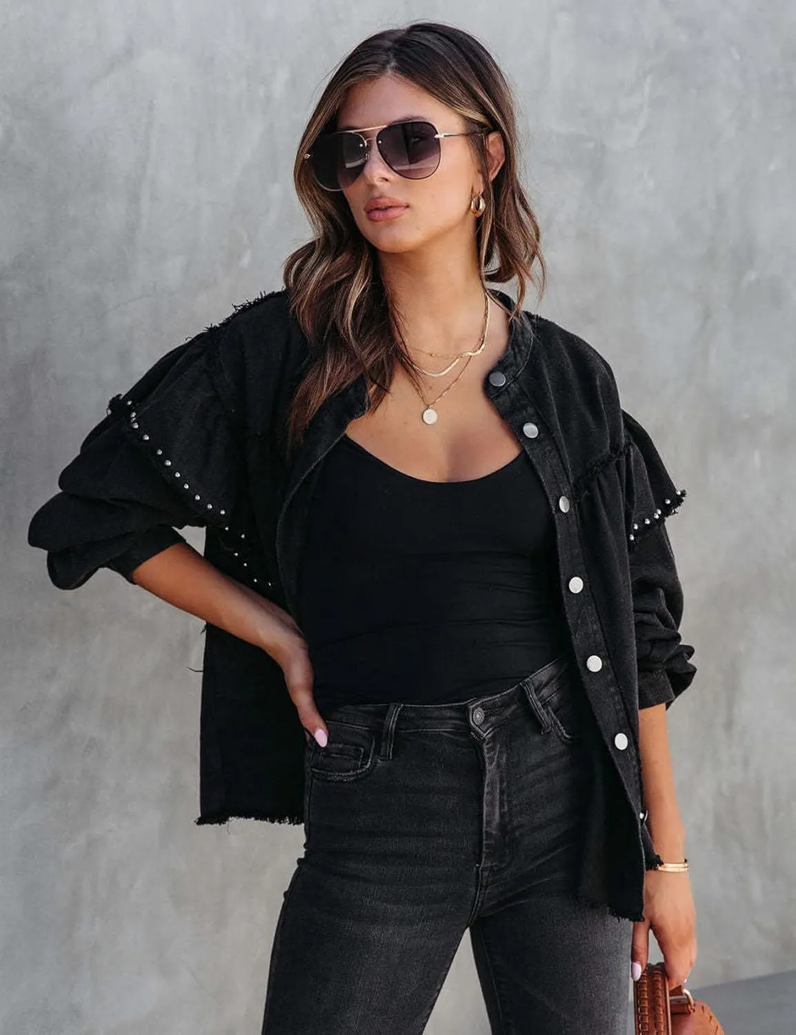 Perbai Womens Oversized Studded Rivet Long Sleeve Ruffle Collarless Button Down Denim Jacket