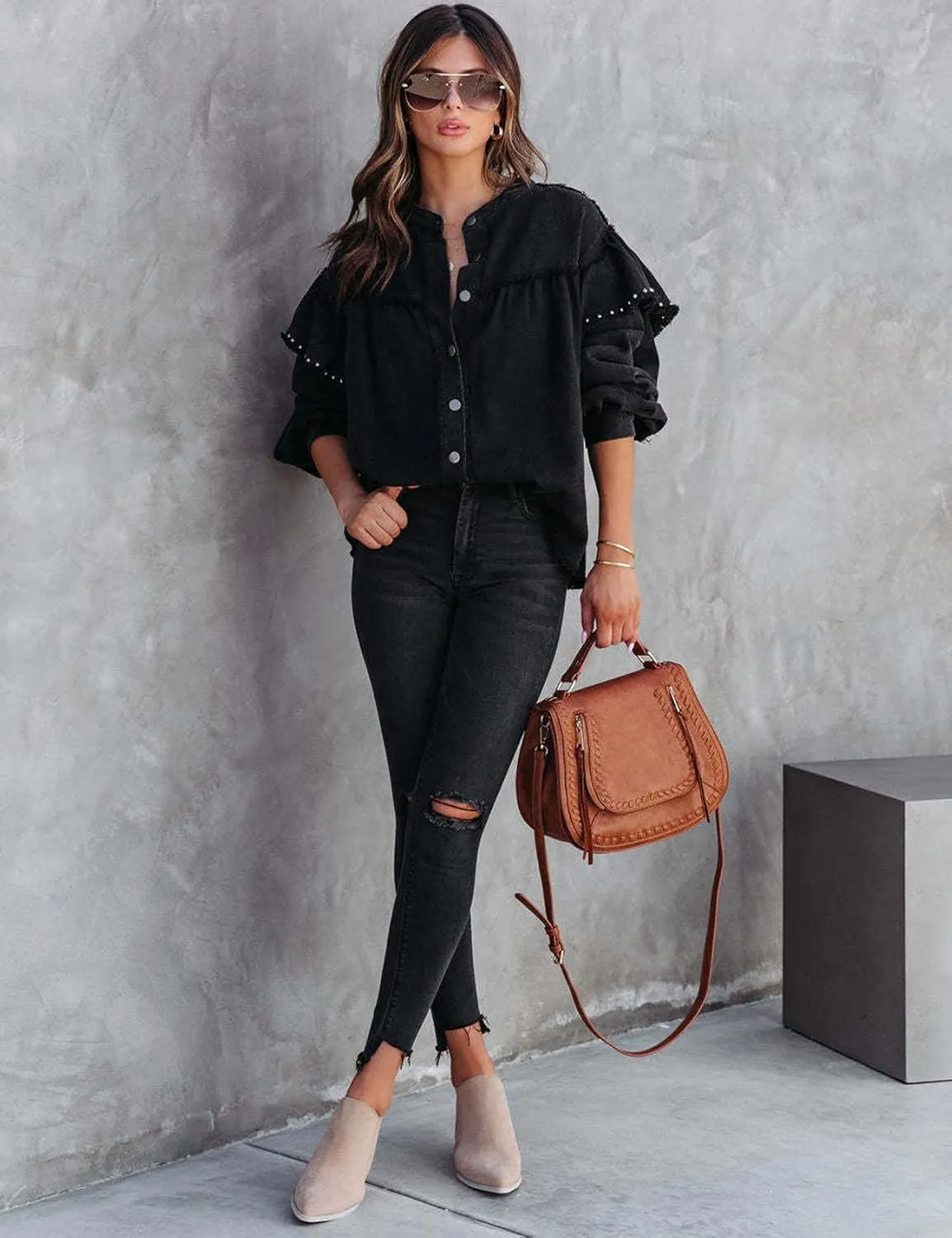 Perbai Womens Oversized Studded Rivet Long Sleeve Ruffle Collarless Button Down Denim Jacket