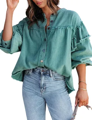 Perbai Womens Oversized Studded Rivet Long Sleeve Ruffle Collarless Button Down Denim Jacket