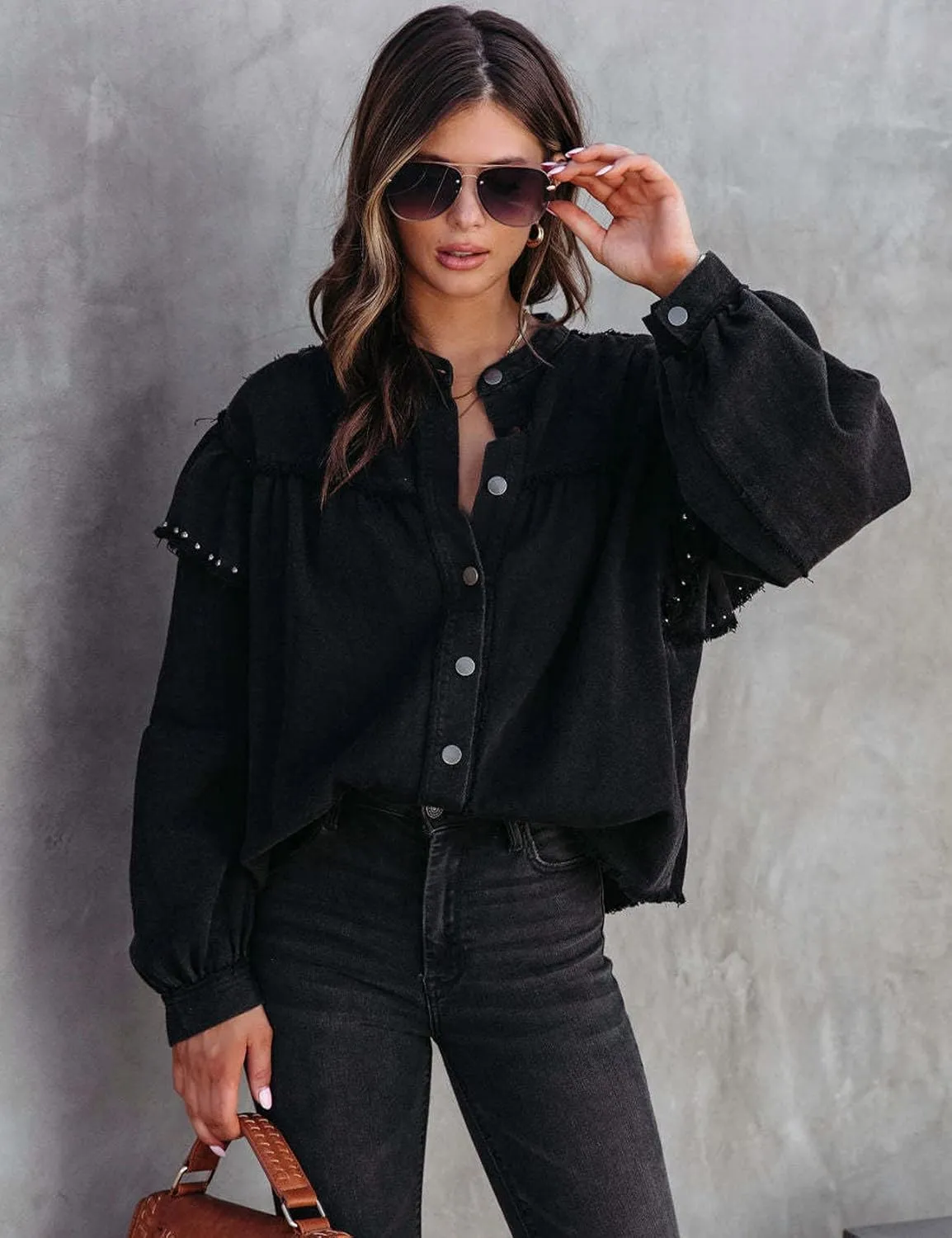 Perbai Womens Oversized Studded Rivet Long Sleeve Ruffle Collarless Button Down Denim Jacket