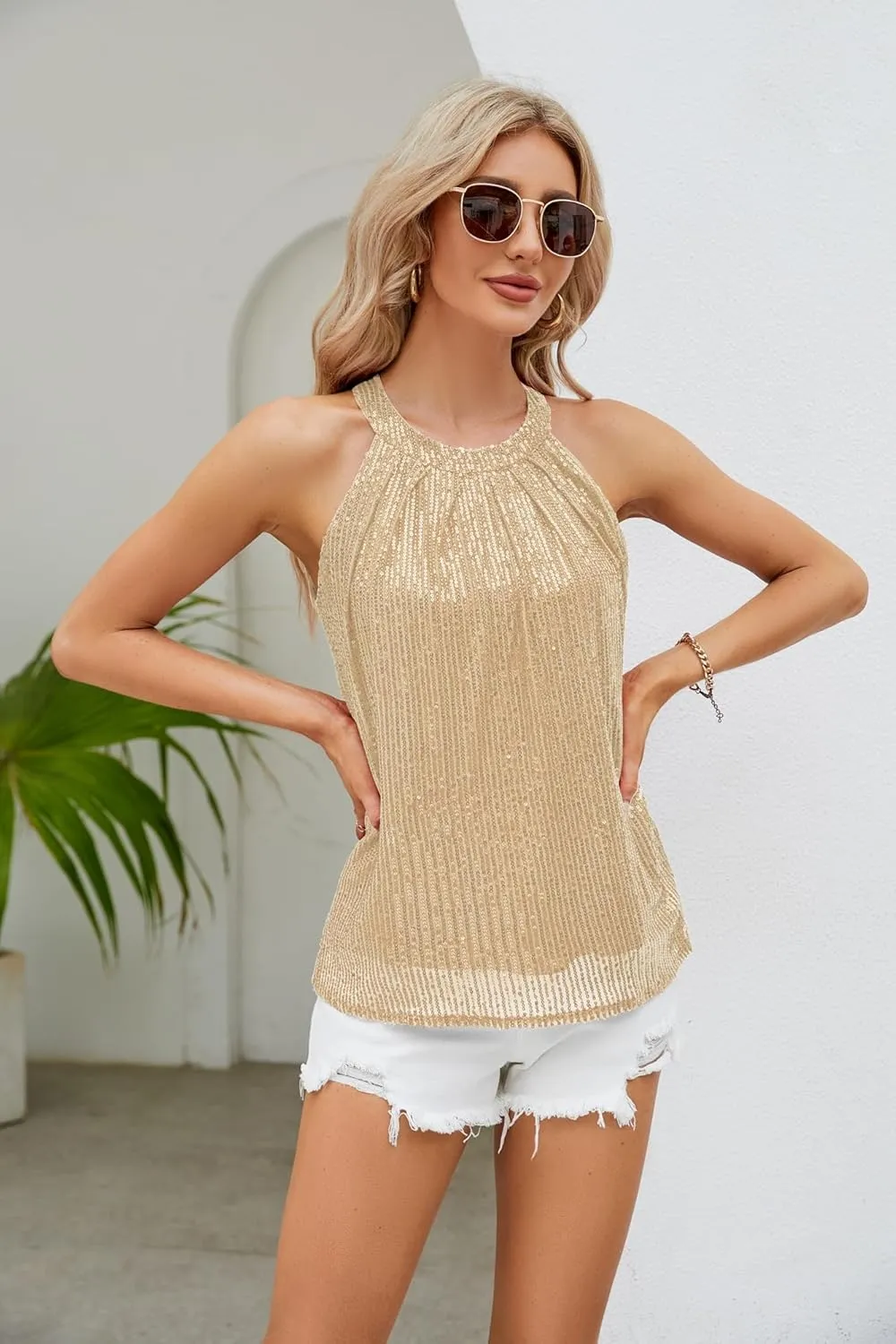Pluto & Fox Womens Sequin Halter Tops Sleeveless Tank Camisole Tops Sparkly Glitter Holiday Party Club Cocktail Vest Shirt