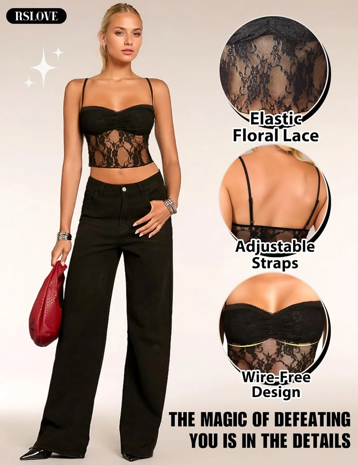 RSLOVE Lace Bralettes for Women - Camisole Lingerie Spaghetti Strap Tube Slim Tank Top Y2k Crop Camisoles