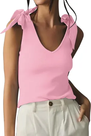 SAFRISIOR Women's Bow Tie Tank Tops V Neck Shoulder Strap Sleeveless Shirts Slim Fit Summer Going Out Knit Camisoles