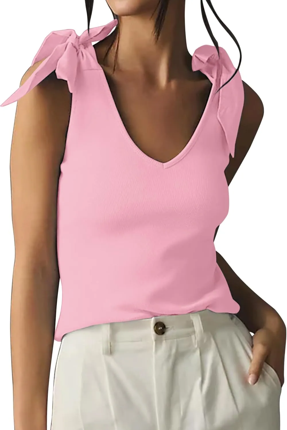 SAFRISIOR Women's Bow Tie Tank Tops V Neck Shoulder Strap Sleeveless Shirts Slim Fit Summer Going Out Knit Camisoles