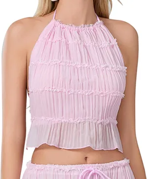 Sexy Open Back Halter Tops for Women Tie Backless Ruffle Crop Tops Sleeveless Pleated Summer Going Out Camisoles