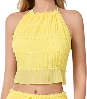 Sexy Open Back Halter Tops for Women Tie Backless Ruffle Crop Tops Sleeveless Pleated Summer Going Out Camisoles