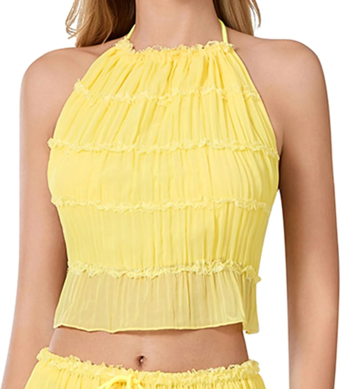 Sexy Open Back Halter Tops for Women Tie Backless Ruffle Crop Tops Sleeveless Pleated Summer Going Out Camisoles