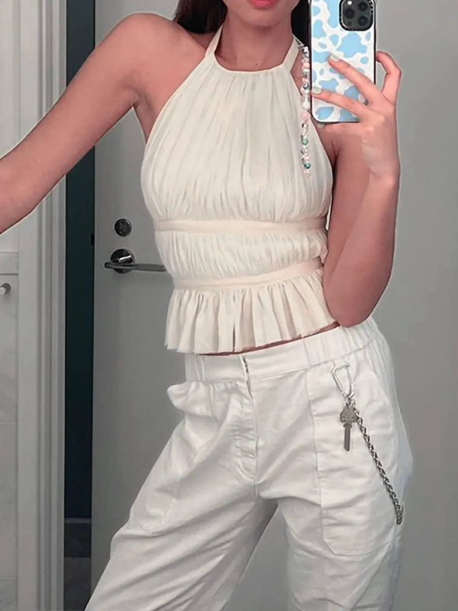 Sexy Smocked Open Back Halter Camisole Y2K Sleeveless Frill Shirred Crop Tops Tie Back Ruffled Going Out Tops for Women