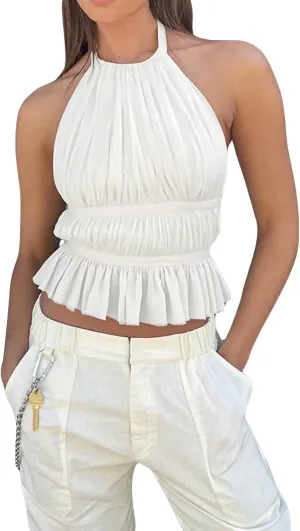 Sexy Smocked Open Back Halter Camisole Y2K Sleeveless Frill Shirred Crop Tops Tie Back Ruffled Going Out Tops for Women
