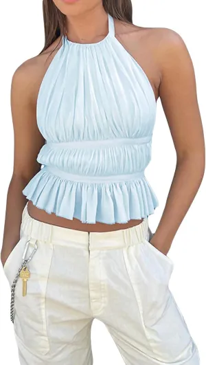 Sexy Smocked Open Back Halter Camisole Y2K Sleeveless Frill Shirred Crop Tops Tie Back Ruffled Going Out Tops for Women