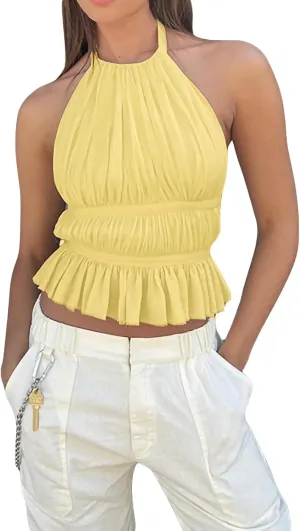 Sexy Smocked Open Back Halter Camisole Y2K Sleeveless Frill Shirred Crop Tops Tie Back Ruffled Going Out Tops for Women