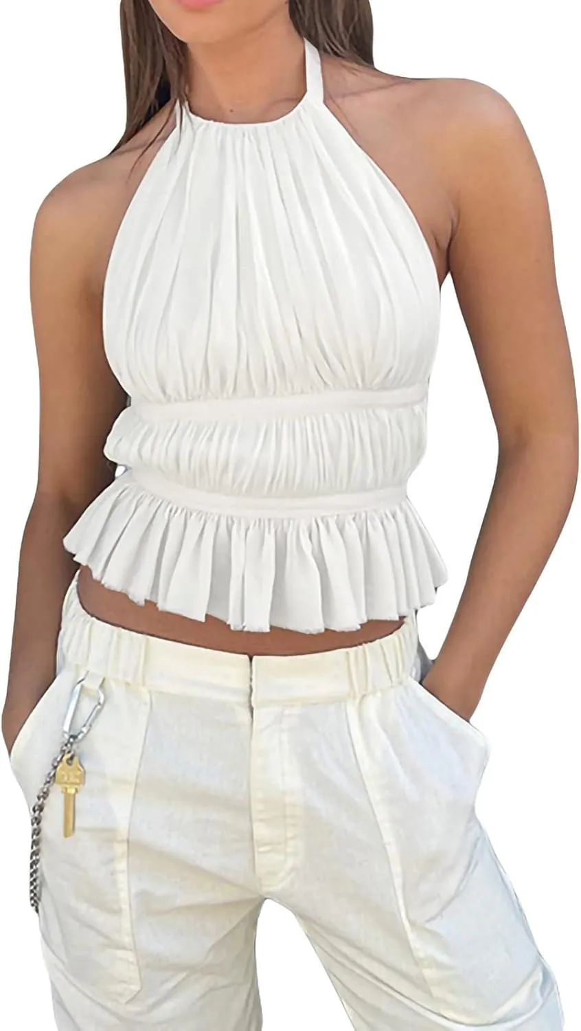 Sexy Smocked Open Back Halter Camisole Y2K Sleeveless Frill Shirred Crop Tops Tie Back Ruffled Going Out Tops for Women
