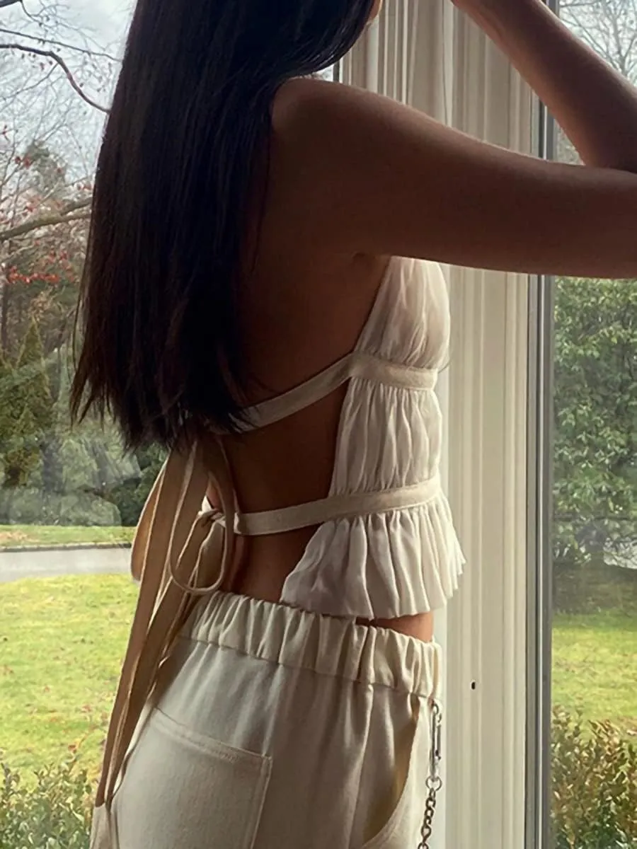 Sexy Smocked Open Back Halter Camisole Y2K Sleeveless Frill Shirred Crop Tops Tie Back Ruffled Going Out Tops for Women