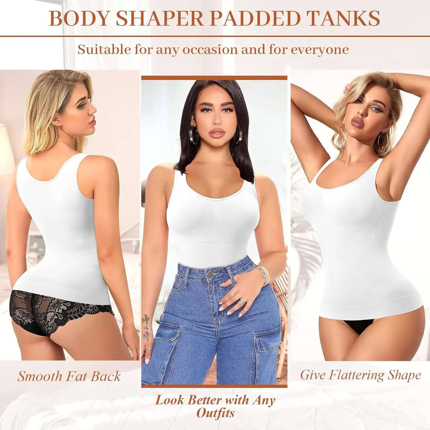 Shapewear Tank Tops for Women with Built in Bra Tummy Control Compression Camisoles Body Shaper Padded Tanks