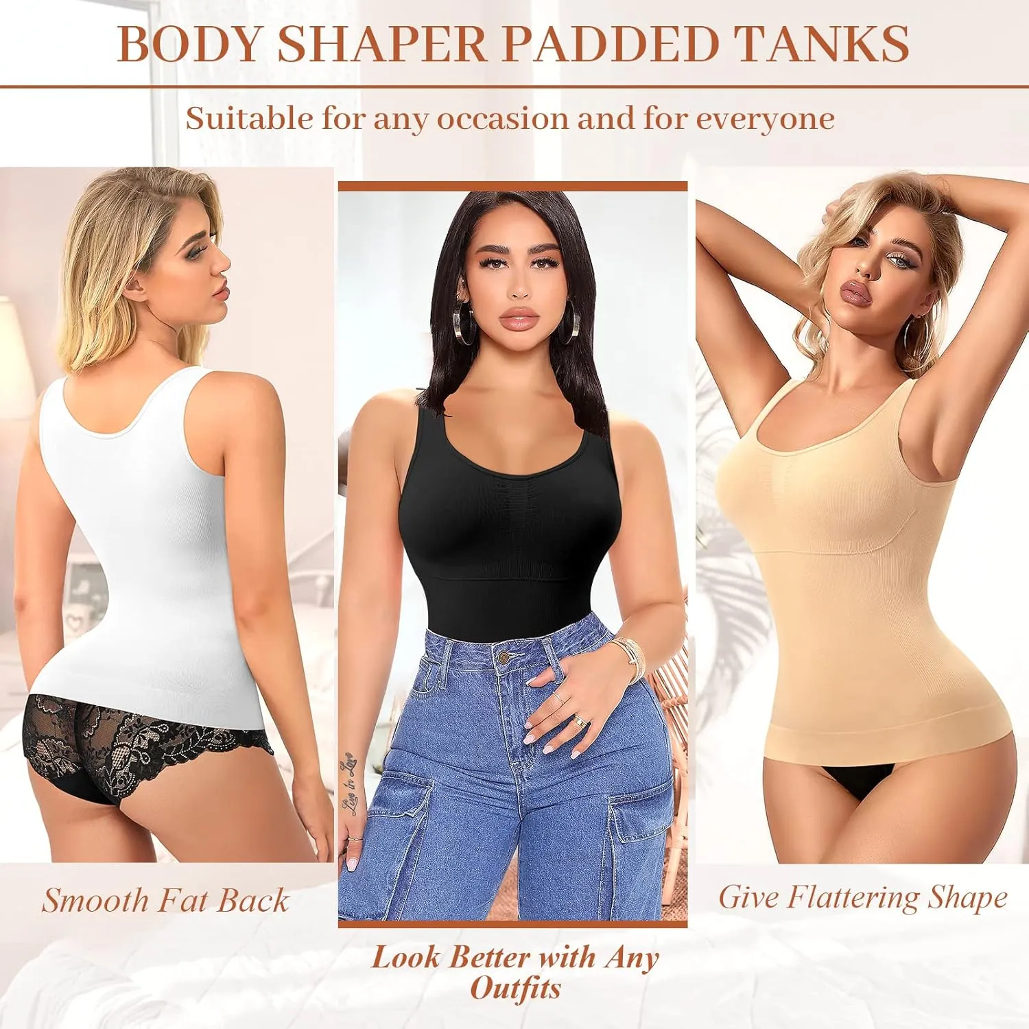 Shapewear Tank Tops for Women with Built in Bra Tummy Control Compression Camisoles Body Shaper Padded Tanks